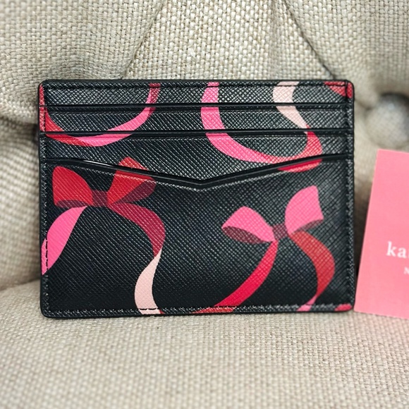 NEW Kate Spade Staci Ribbon Bow Print Card Case Holder Wallet Black Multi - Picture 4 of 5